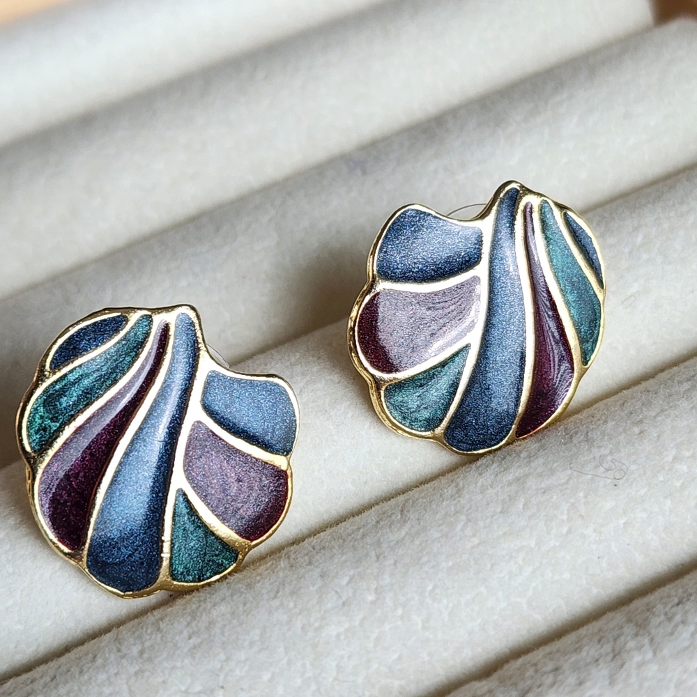 Vintage 80s Cloisonne Enamel Blue Green Purple Stud Earrings Retro Gold Tone - Picture 5 of 6